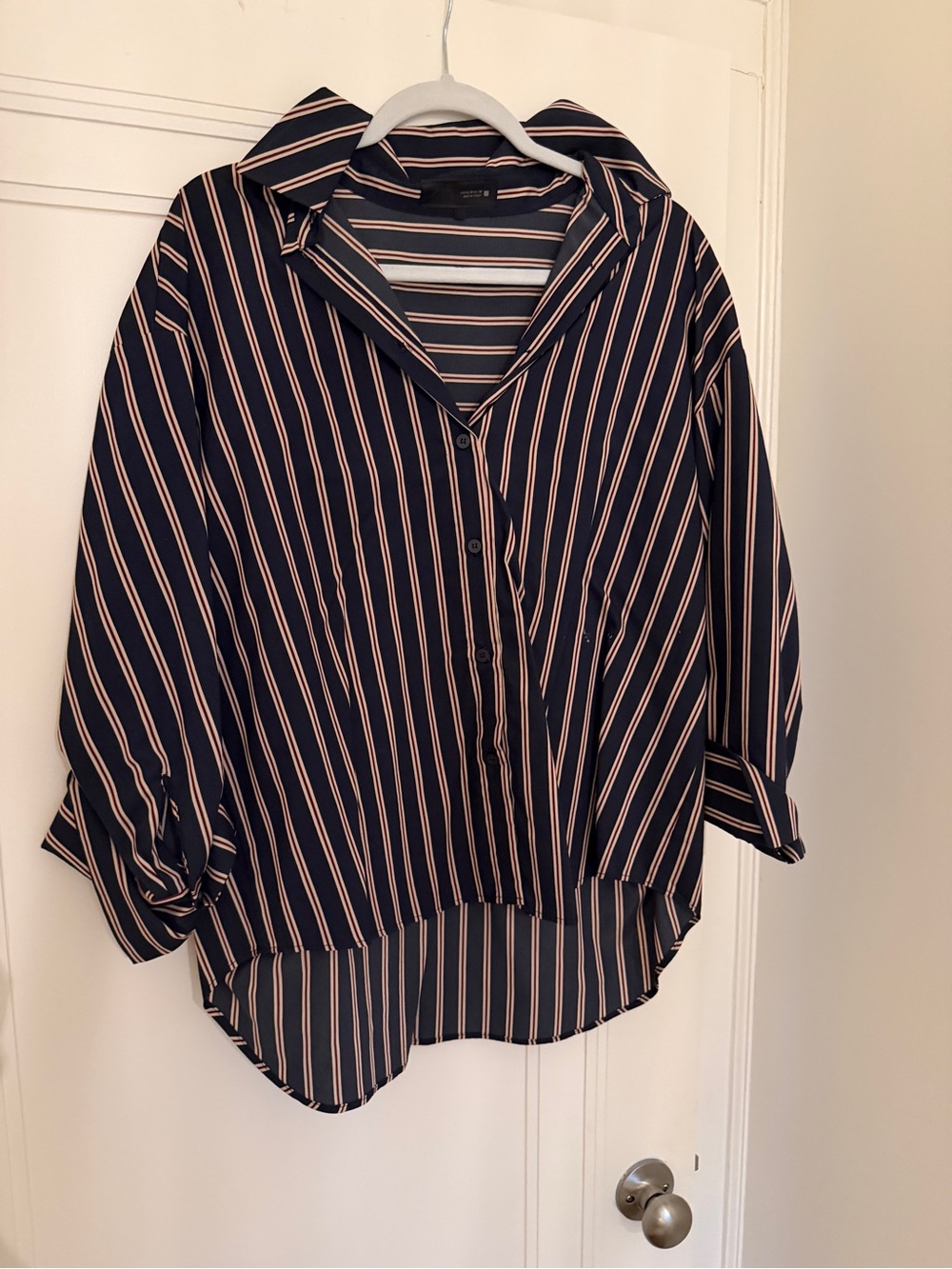 Zara Navy Button-Down Shirt with Cream Stripes